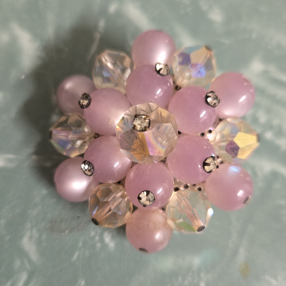 Vintage Elegant Pink and Silver Beaded Brooch